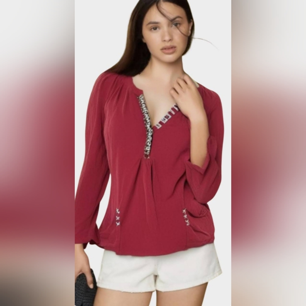 Anthropologie Little Yellow Button Red Embroidered Henley Relaxed Top